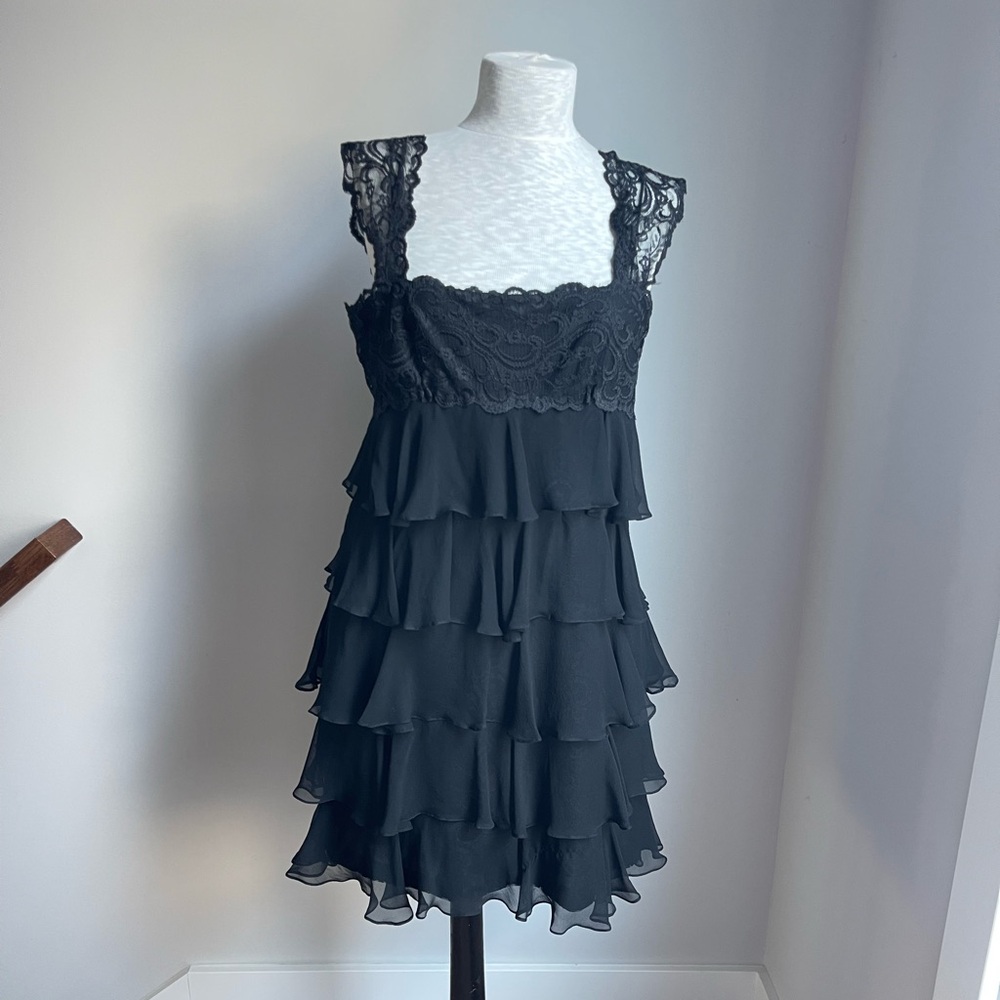 Black Silk Tiered Ruffle and Lace Marchesa Notte Cocktail Party Dress